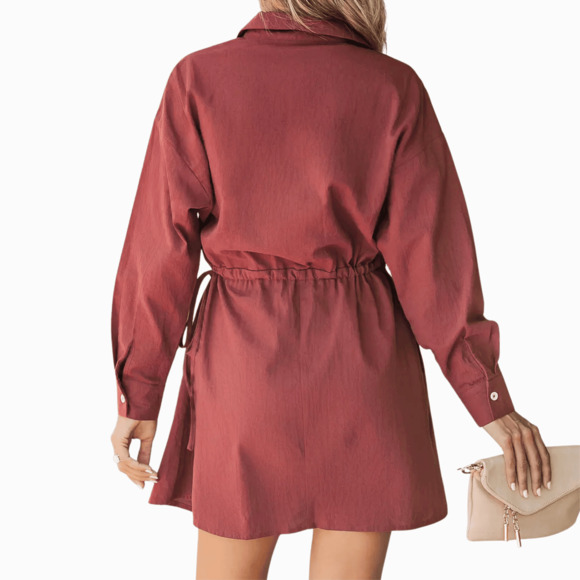 Cupshe Maroon Mini Shirt Dress Women’s Large Button Front Drawstring Waist - Picture 7 of 8